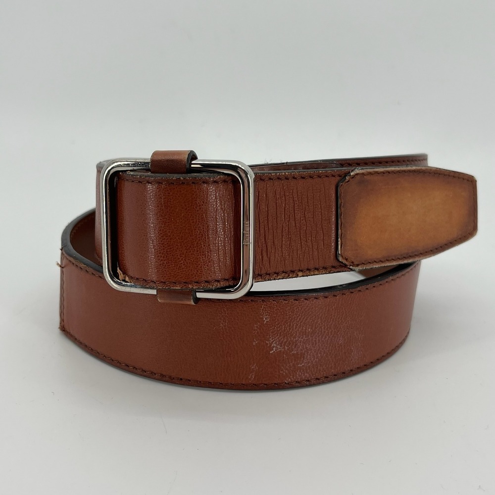Berluti Adjustable Leather Belt Brown Cognac Patina Square Buckle Italy Luxury